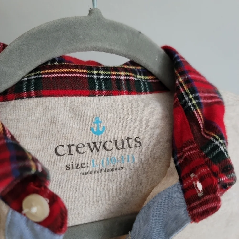 Crewcuts 10/11 Oatmeal Long Sleeve Polo Shirt Red Plaid Collar Christmas Holiday